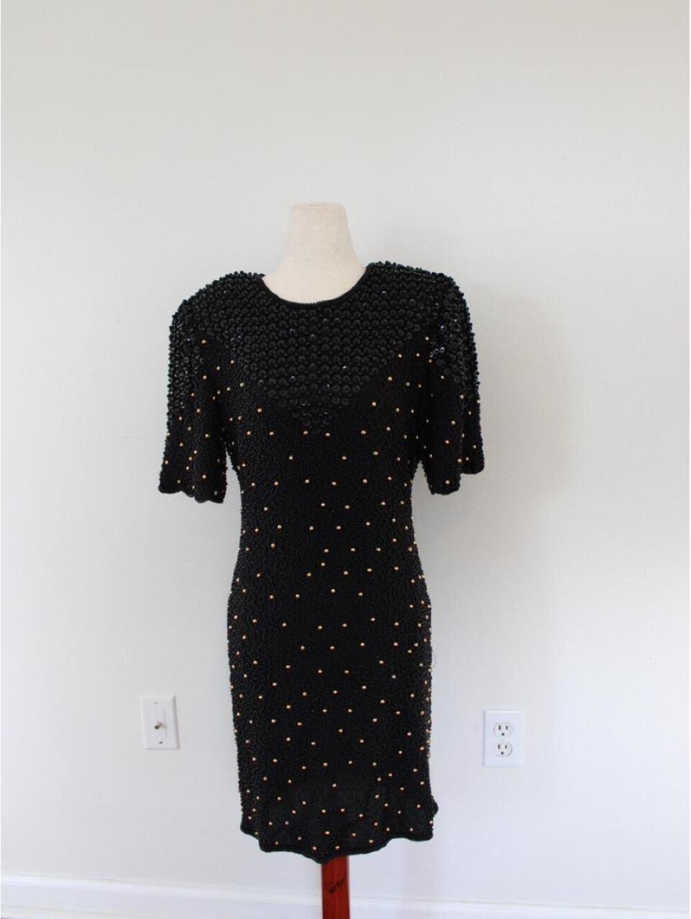 Vintage 80s Black beaded 100% silk dress. Size M